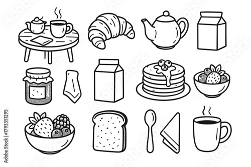 Mug tea meal set breakfast pancakes croissant jam vector icon toast morning