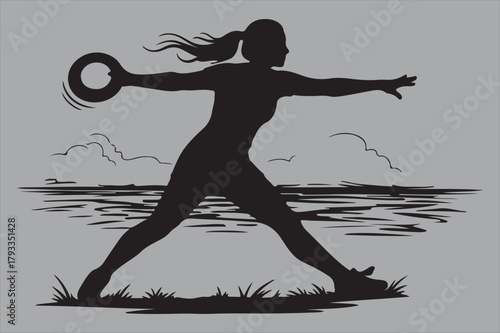 Woman throwing frisbee silhouette vector design art and illustration