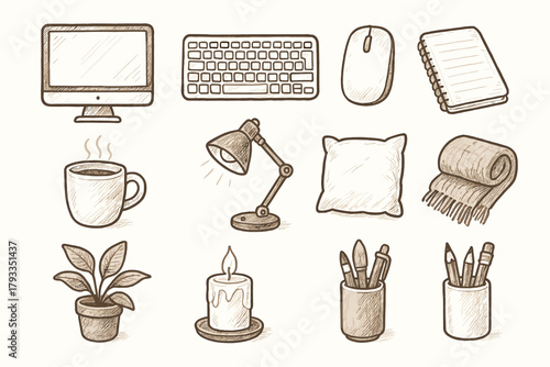 Monitor icons vector cozy cushion candle cup plant icon pen workspace jar