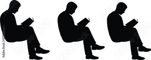 Silhouette of person reading book, seated posture, education concept, literacy symbol, concentration, black figure, white background