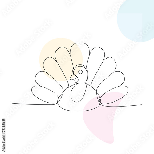 Line art turkey with fanned tail feathers Keywords: turkey, line art, drawing, bird, poultry
