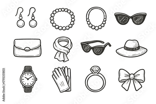 Ring necklace hand gloves pearl vector fashion earrings scarf clutch watch drawn