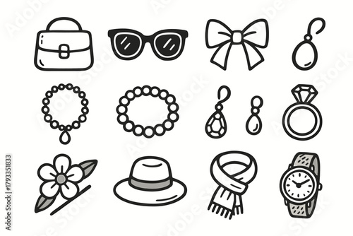 Necklace accessory hair purse brooch earring watch icon vector fashion bracelet icons