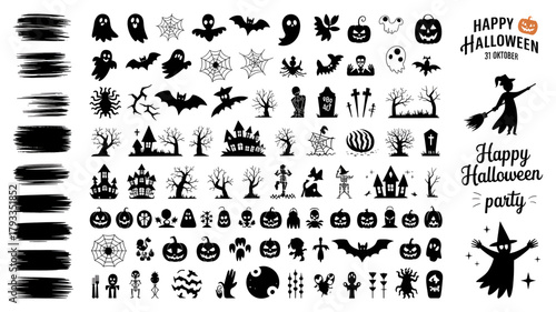 Set of Halloween silhouette icons spooky vector design elements for holiday decoration isolated on white background