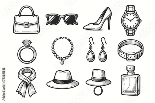Ring scarf icon watch set heels earrings vector fashion bracelet perfume necklace