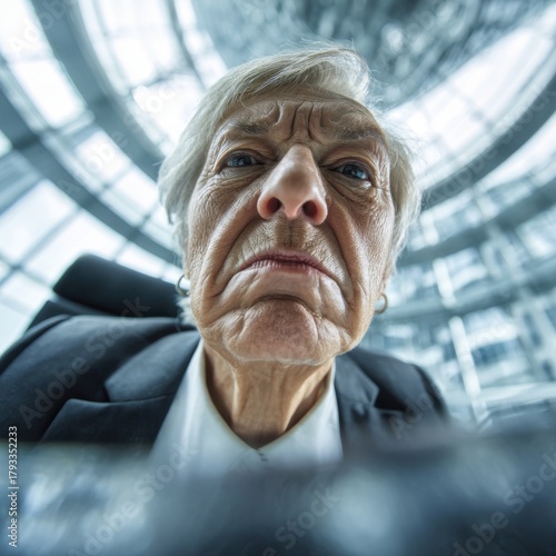 Extreme low-angle shot of a serious, frowning senior business executive looking down intensely. Represents authority and dominance.