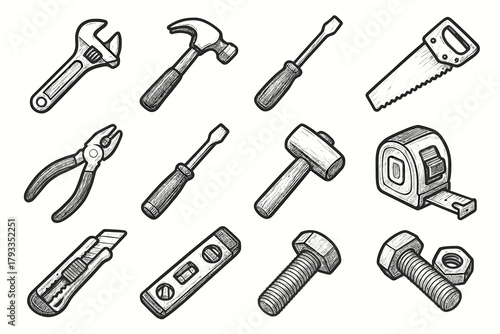 Claw knife chisel tools pliers tape wrench flathead hammer vector hand icon