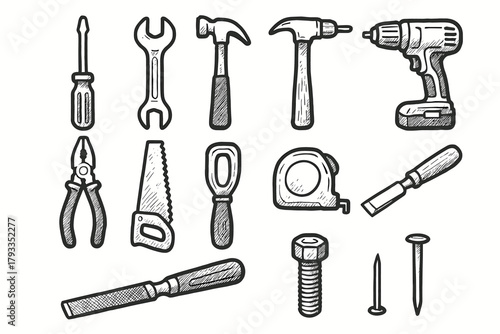 Tool wrench file vector tape scraper nail measure icon drill screwdriver hand