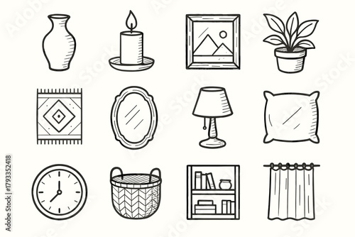 Decor vector vase rug frame mirror lamp icon basket plant home modern