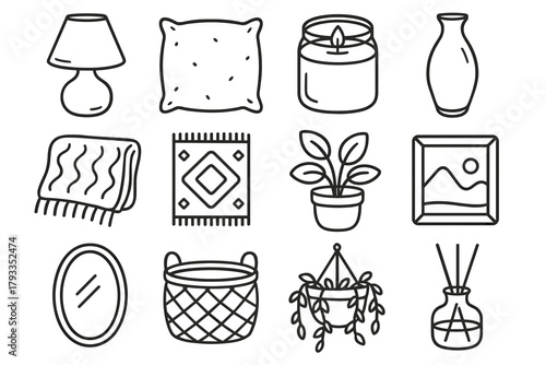 Candle decor lamp diffuser frame plant blanket mirror pot modern icons vector