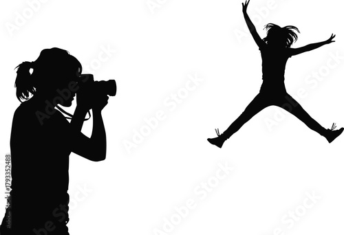 Silhouette photographer capturing jumping person, dynamic pose, energetic motion, artistic contrast, white background, creative moment, action freeze