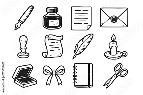 Icon envelope ribbon notebook candle ink letter vector feather icons pad writing