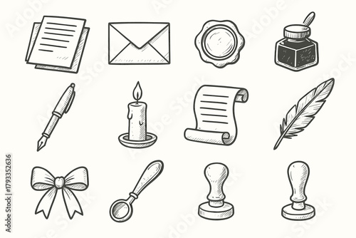 Writing envelope vector letter spoon ribbon opener wax stamp icons icon bottle