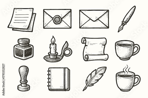 Scroll writing letter ribbon notebook vector candle bottle icons wax icon holder