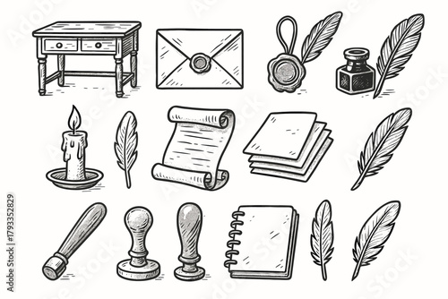 Stack letter stamp vector icon icons feather writing paper antique pot wax