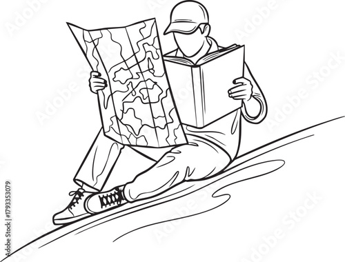 Cartoon vector sketch drawing of people man and boy skiing on a mountain and ski lift in fun outline action sport