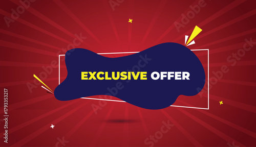 Exclusive web banner template vector art design badge icon label DEEP BLUE yellow white bold text dark red light sun shine abstract business background offer promotion creative modern shapes