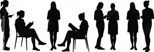Silhouette women reading books, mobile device usage, digital lifestyle, modern posture, education, technology, concentration, leisure, communication, study, learning
