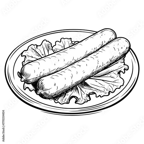 Hand drawn sketch Longganisa Filipino sweet sausage with lettuce on plate Illustration. Longganisa Hand Drawn Illustration – Traditional Filipino Breakfast Vector Art.