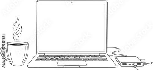 Remote workspace, laptop setup, coffee mug, external hard drive, blank screen, USB cable, digital desk, productivity scene, tech gear, modern office, freelance work, creative zone, minimal design