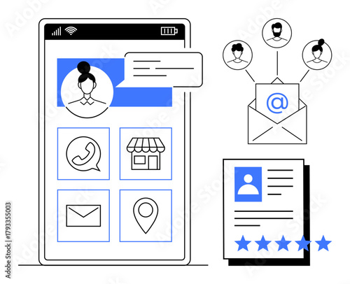 Mobile interface with user profile, messaging feature, address, map icon, and reviews. Depicts online communication, contact management, small business tools. Ideal for apps networking marketing