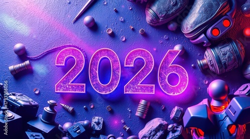 Fototapeta Naklejka Na Ścianę i Meble -  New Year neon inscription texture background abstraction 2026 geometry