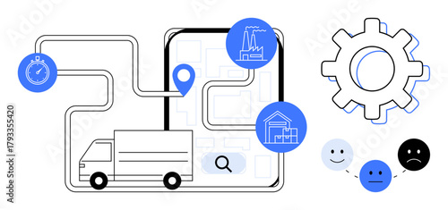Delivery truck on route map with location pin, stopwatch icon, factory, warehouse, gear, and feedback faces. Ideal for delivery, logistics, supply chain efficiency planning feedback technology