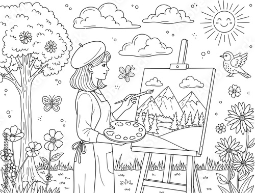 Artist painting a mountain landscape outdoors on a sunny day