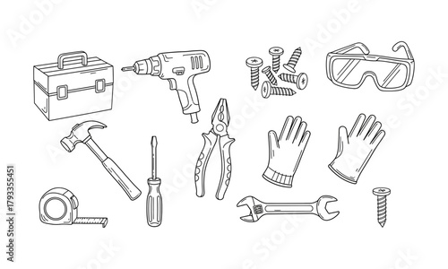 Collection of handdrawn tools and safety equipment