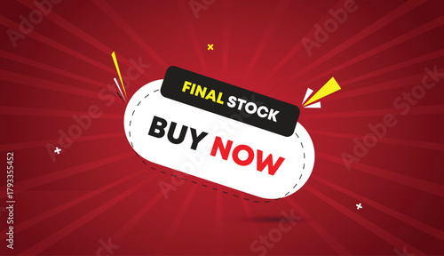 final stock buy now web banner vector art template design badge icon label black white yellow bold text dark red light sun shine abstract business shapes creative modern marketing background