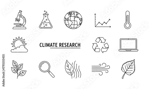Set of climate research icons including microscope, flask, globe, graph, thermometer, sun, recycle symbol, laptop