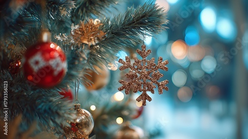 Wallpaper Mural Festive Christmas tree background with sparkling and glowing decorations, soft falling snow, blurred bokeh lights, warm and magical holiday atmosphere, Happy New Year and Christmas theme  Torontodigital.ca