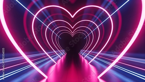 Fototapeta Naklejka Na Ścianę i Meble -  Abstract glowing neon heart tunnel with vibrant pink and blue