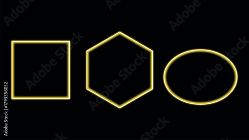 Neon Glow Geometric Shapes Set – Glowing Yellow Square, Hexagon, and Ellipse on Black Background