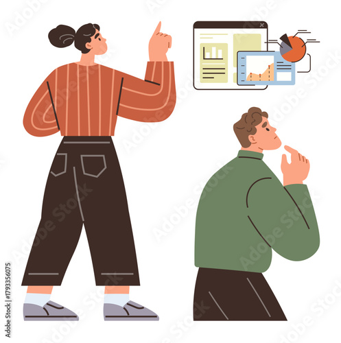 Two individuals discussing data analytics and pointing to graphs and charts. Ideal for teamwork, decision-making, data analysis, brainstorming, innovation, collaboration, focus. A simple flat