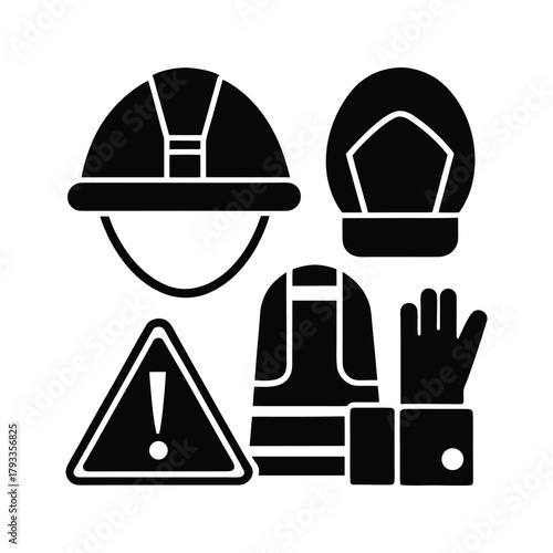 Collection of black glyph icons for industrial safety equipment. Features a hard hat, vest, gloves, glasses, and a warning sign