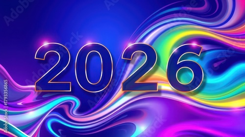 Fototapeta Naklejka Na Ścianę i Meble -  New Year neon inscription texture background abstraction 2026 wave geometry