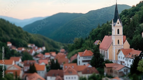 Fototapeta Naklejka Na Ścianę i Meble -  Tilt-shift view of Rothenburg ob der Tauber showcasing town hall and market square amidst charming medieval architecture