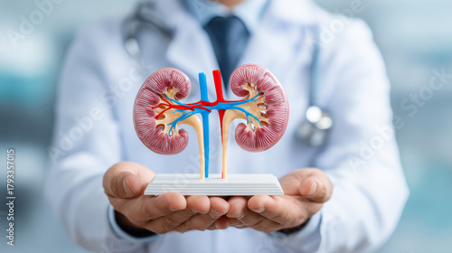 Chronic kidney disease concept with a doctor examining a kidney model for treatment.
