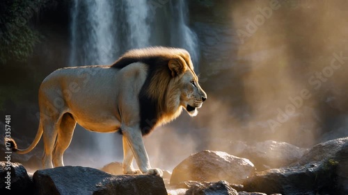 Majestic male lion in nature, surrounded by a stunning waterfall. Perfect for wildlife, nature, and environmentalthemed designs. Magnificent wildlife imagery.