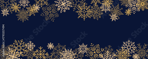 Winter frame with gold and brown snowflakes on a dark blue background. An elegant frosty frame for Christmas and New Year's cards. 