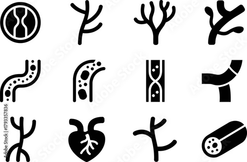 Set of vector icons representing blood vessels and human heart