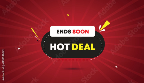 Hot Deal Web Banner Vector Art Template Design Badge Icon Label Black White Gray Shapes Yellow Bold Text Dark Red Light Sun Shine Abstract Business Background Sale Promotion Limited Time Offer Marketi