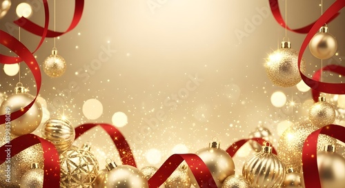 Elegant holiday celebration background with shiny gold ornaments and festive red ribbon curls on a sparkling backdrop