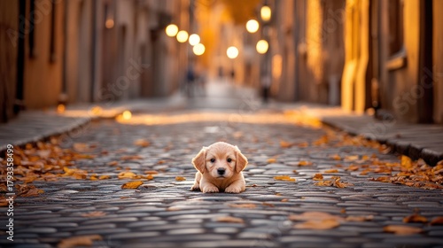 Fototapeta Naklejka Na Ścianę i Meble -  A cute golden doodle puppy stands on its hind legs in the street, showcasing its fluffy ears and soft fur while having fun
