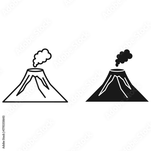 Volcano eruption icon set, outline and filled