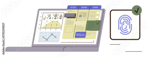 Digital workspace featuring a task management board, data graphs, and fingerprint scan for secure access. Ideal for workflow management, productivity tools, technology, data visualization