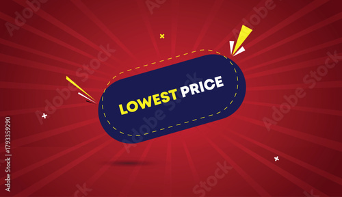 Lowest Price web banner vector art template design badge icon label deep blue yellow shapes white bold text dark red light sun shine abstract business background creative modern sale promo
