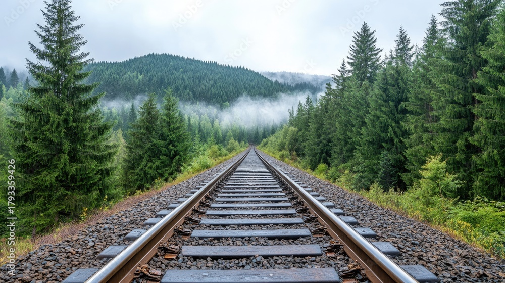 Fototapeta premium Fog envelops the old railroad track, creating a serene atmosphere as it leads through the dense forest under soft morning light