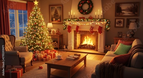 A beautifully decorated living room on Christmas Eve, featuring a glowing tree, warm fireplace, and festive adornments, creating a cozy and inviting holiday atmosphere for cherished celebrations